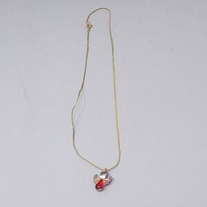 Gold Angel Pendant Necklace With‎ Red Gemstone & Crystal Accents